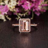2ct Emerald Cut Peach Morganite Diamond Halo Engagement Ring 18k RoseGold Finish