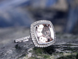 2.5ct Cushion Cut Morganite Bezel Set Diamond Halo Ring 14k White Gold Finish