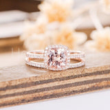 2ct Cushion Cut Simulated Peach Morganite Halo Bridal Set 14k Rose Gold Plated