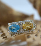 2.5ct Engagement Ring Oval Cut Blue Topaz Rectangular Halo 14k White Gold Over