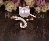 0.3ct Round Cut Simulated Diamond Halloween Cat Pearl Ring 14k Rose Gold Plated