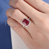 2.3ct Emerald Cut Simulated Pink Ruby Halo Engagement Ring 14k White Gold Plated