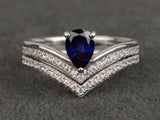2.3ct Engagement Ring Pear Cut Sapphire Curved Bridal Set 14k White Gold Finish