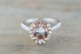 2.2ct Oval Cut Morganite Halo Solitaire with Accents Ring 14k Rose Gold Finish