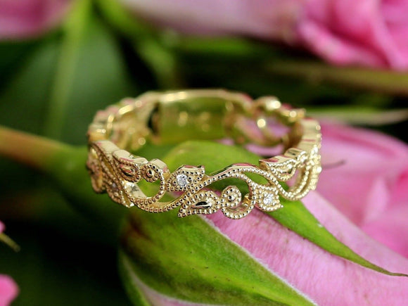 0.2ct Round Cut Diamond Milgrain Filigree Wedding Ring Band 14k Yellow Gold Over