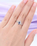 0.5ct Pear Cut Blue Sapphire Bezel Bridal Set Engagement Ring 14k WhiteGold Over