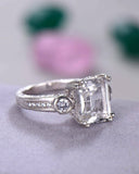 5Ct Emerald Cut Diamond Vintage Solitaire with Accent Ring 14K White Gold Finish