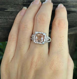 2.4ct Cushion Cut Morganite Engagement Ring Halo Split Shank 14k White Gold Over