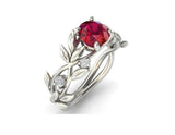 2ct Round Cut Pink Ruby Engagement Ring Flower Leaf Solitaire 14k WhiteGold Over