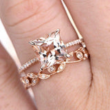 2.5ct Princess Cut Peach Morganite Bridal Set Engagement Ring 14k Rose Gold Over