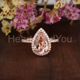 1ct Pear Cut Simulated Peach Morganite Halo Engagement Ring 14k Rose Gold Plated
