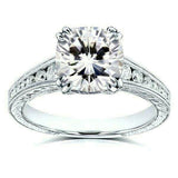 3.5ct Cushion Diamond Vintage Engagement Ring 14K White Gold Over Round Accent