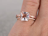 1ct Princess Cut Champagne Morganite Bridal Set Ring Band 14k Rose Gold Finish
