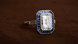 1.5ct Emerald Diamond Blue Sapphire Art Deco Engagement Ring 14k White Gold Over