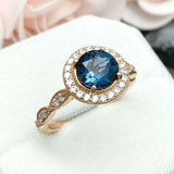 2.2ct Engagement Ring Round Cut London Blue Topaz Halo 14k Yellow Gold Finish