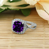 2.5ct Cushion Cut Purple Amethyst Split Band Engagement Ring 18K White Gold Over