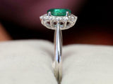 1.76ct Oval Cut Green Emerald Floral Halo Engagement Ring 14k White Gold Finish