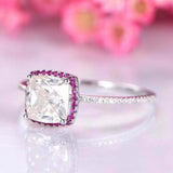 1.5ct Cushion Cut Diamond Pink Ruby Halo Engagement Ring 14k White Gold Finish