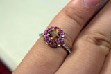 2.2ct Engagement Ring Round Cut Yellow Citrine Pink Ruby Halo 14k WhiteGold Over