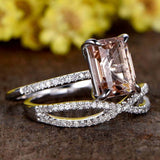 3ct Emerald Cut Peach Morganite Bridal Set Ring Infinity Band 14k WhiteGold Over