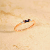0.6ct Baguette Cut Blue Sapphire Trilogy Minimalist Ring 14k Yellow Gold Finish