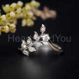 0.11ct Round Cut Moissanite Vine Leaf Chevron Wedding Band 14K White Gold Plated