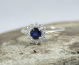 2.2ct Engagement Ring Round Cut Blue Sapphire Floral Halo 14k White Gold Finish