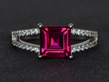 2.6ct Engagement Ring Asscher Cut Pink Ruby Split Shank 14k White Gold Finish