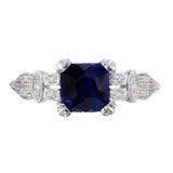 1.5ct Princess Cut Blue Sapphire Engagement Ring Art Deco 14k White Gold Finish