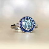2.1ct Round Cut Simulated Aquamarine Art Deco Halo Ring 14k White Gold Plated