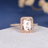 2ct Emerald Cut Simulated Morganite Halo Engagement Ring 14k Rose Gold Plated