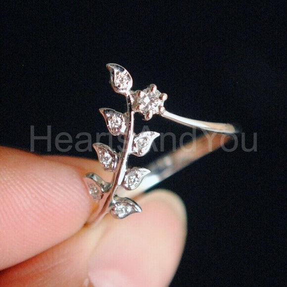 0.11ct Round Cut Moissanite Vine Leaf Chevron Wedding Band 14K White Gold Plated