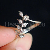 0.11ct Round Cut Moissanite Vine Leaf Chevron Wedding Band 14K White Gold Plated