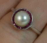 1ct Ruby Pearl Art Deco Solitaire Ring 14k White Gold Finish
