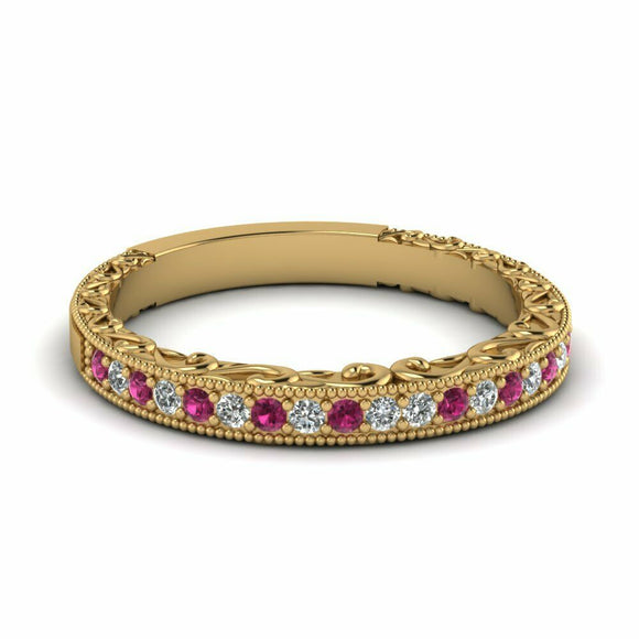 1ct Round Pink Sapphire Vintage Half Eternity Wedding Band 14k Yellow Gold Over