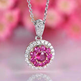 1.36ct Round Cut Pink Ruby Diamond Halo Pendant with Chain 14k Dual Gold Finish
