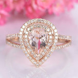 2.6ct Pear Cut Morganite Engagement Ring Dual Halo Split Shank 14k RoseGold Over