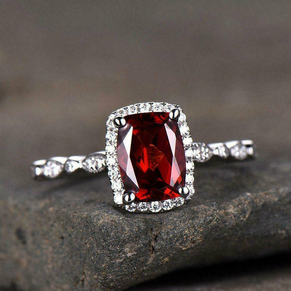 2.5ct Cushion Cut Red Garnet Halo Solitaire Engagement Ring 14k White Gold Over