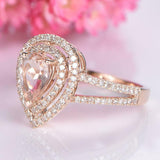 2.6ct Pear Cut Morganite Engagement Ring Dual Halo Split Shank 14k RoseGold Over