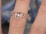 3Ct Oval Cut Peach Morganite Trio Bridal Set Engagement Ring 14K Rose Gold Over