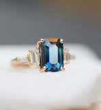 2.1ct Engagement Ring Emerald Cut London Blue Topaz Trilogy 14k Rose Gold Finish
