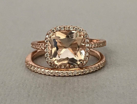 2.5ct Cushion Cut Peach Morganite Bridal Set Engagement Ring 14k Rose Gold Over