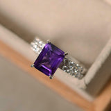 2.2ct Engagement Ring Emerald Cut Amethyst Bridal Set Band 14k White Gold Finish