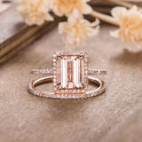 2ct Emerald Cut Simulated Peach Morganite Halo Bridal Set 14k Rose Gold Plated