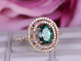 3ct Oval Green Emerald Engagement Ring Dual Halo Round Accent 14k Rose Gold Over
