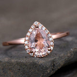 1.6ct Engagement Ring Pear Cut Peach Morganite Halo Solitaire 14k Rose Gold Over
