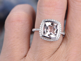 2.5ct Cushion Cut Morganite Bezel Set Diamond Halo Ring 14k White Gold Finish