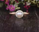 0.3ct Round Simulated Diamond Halo Minimalist Pearl Ring 14k Yellow Gold Plated