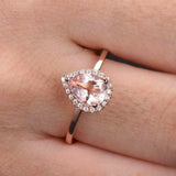 1.6ct Engagement Ring Pear Cut Peach Morganite Halo Solitaire 14k Rose Gold Over