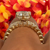 2.1ct Round Cut Moissanite Art Deco Solitaire Bridal Set 14k Yellow Gold Plated
